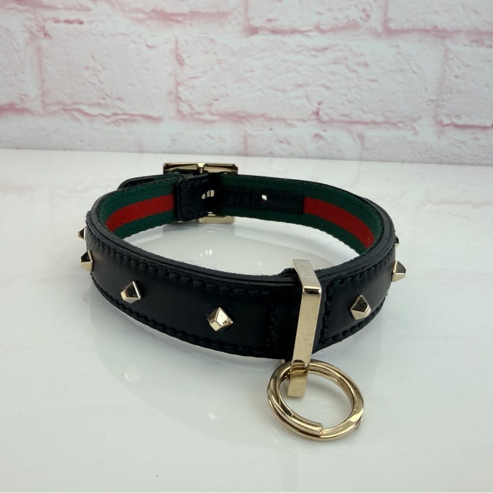 Gucci Web Black Studded Leather Dog Collar 13-15”